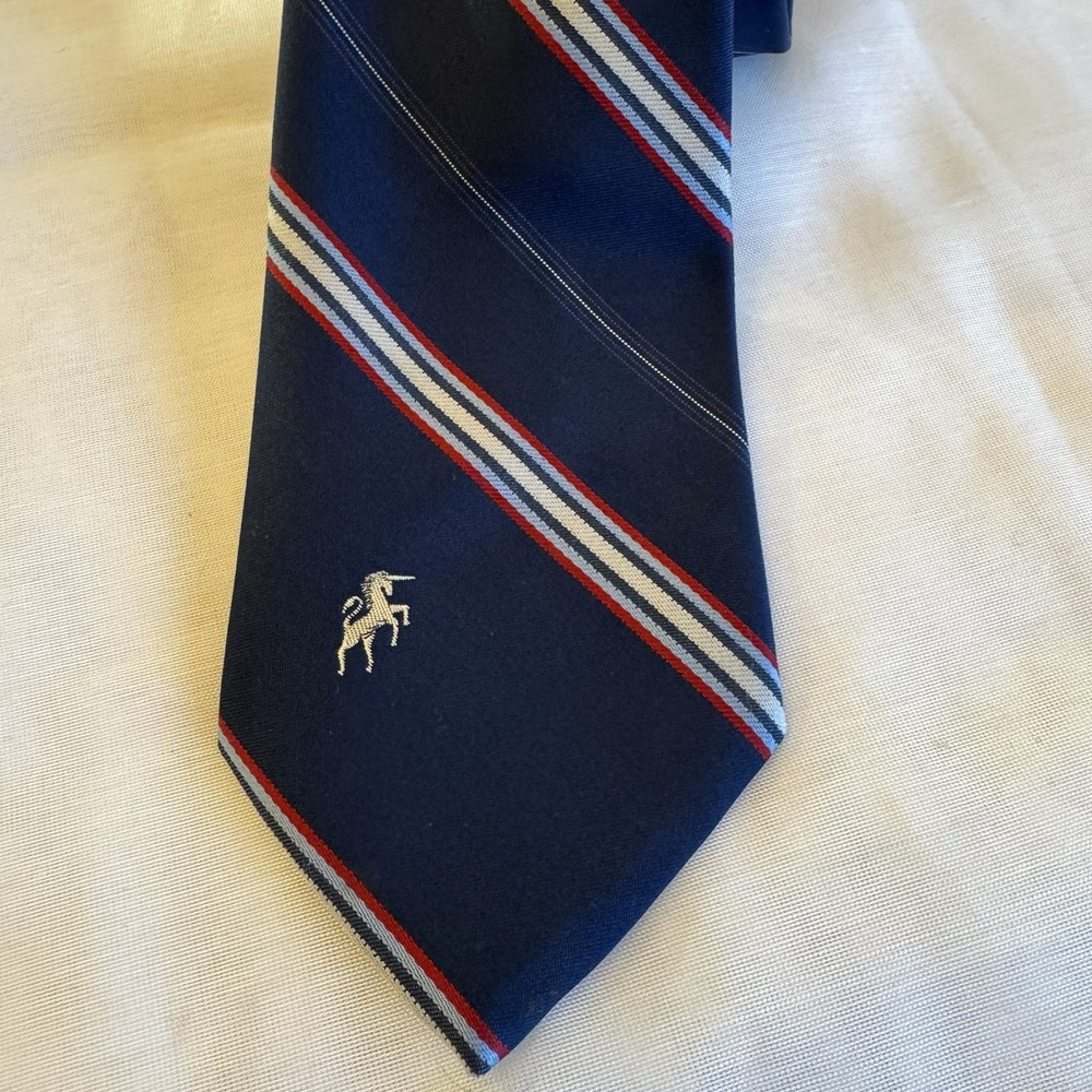 Vintage Mens Bronzini Navy Blue Striped Neck Tie Embroidered Unicorn Logo 57 in - Picture 2 of 5
